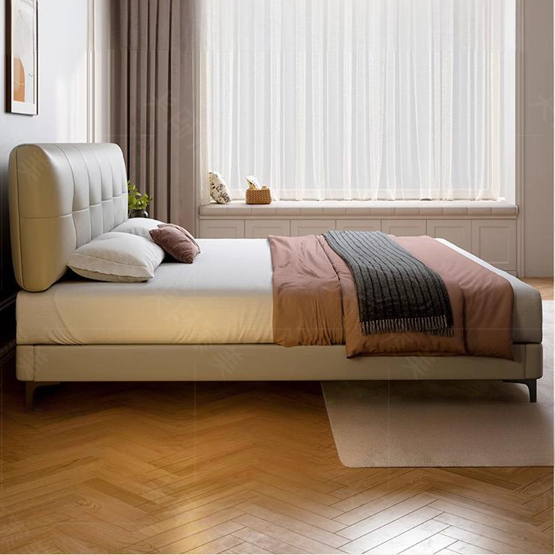 欧先生2069高脚实木现代极简真皮双人软靠包主卧次卧室真皮床1.5米1.8米婚床高清大图