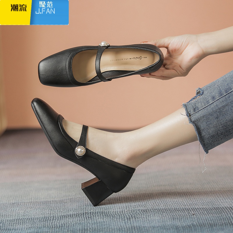聚范一字带玛丽珍鞋女2024早春新款粗跟浅口单鞋女复古旗袍汉服高跟鞋 34 黑色