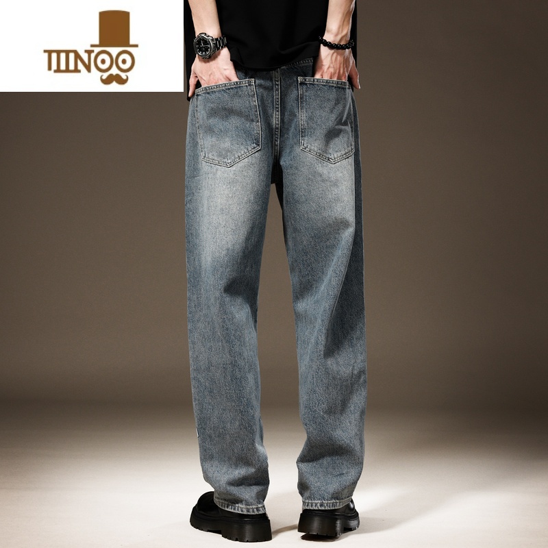 YANXU高街美式休闲阔腿牛仔裤男宽松大码直筒秋季复古水洗浅蓝色长裤子高清大图