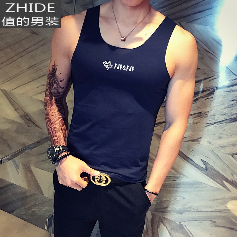 SUNTEK夏季男士坎肩背心修身黑白色汗衫健身运动无袖马甲潮流t恤男棉马甲/背心高清大图