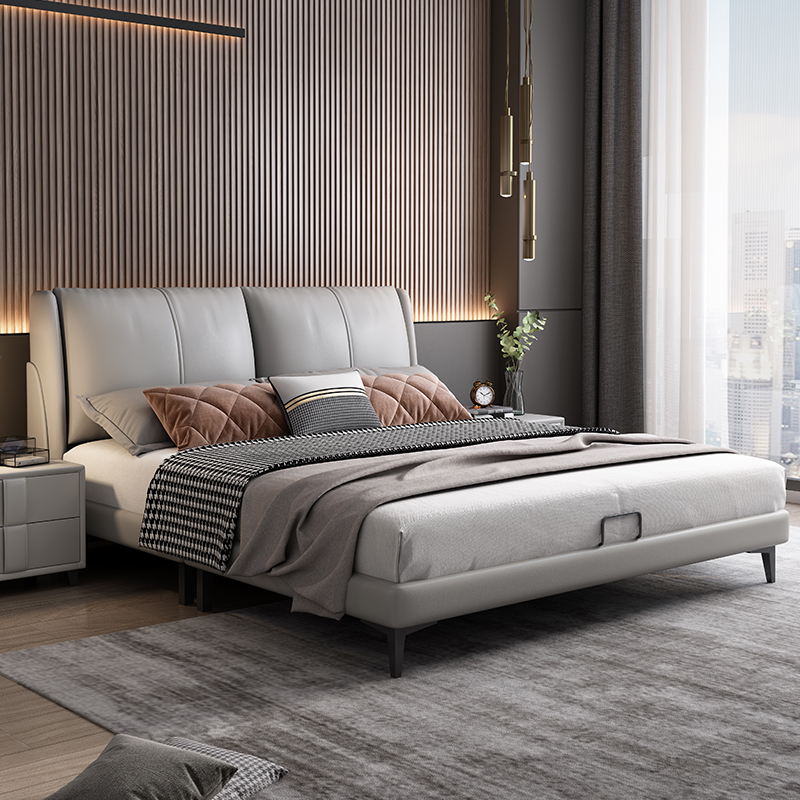 欧梵森 真皮床意式轻奢实木床主卧床1.5米双人床美式家用储物床欧式大床北欧软包床现代简约真皮婚床套装组合卧室家具大床 1800mm*2000mm 单床+20cm乳胶床垫+床头柜*1