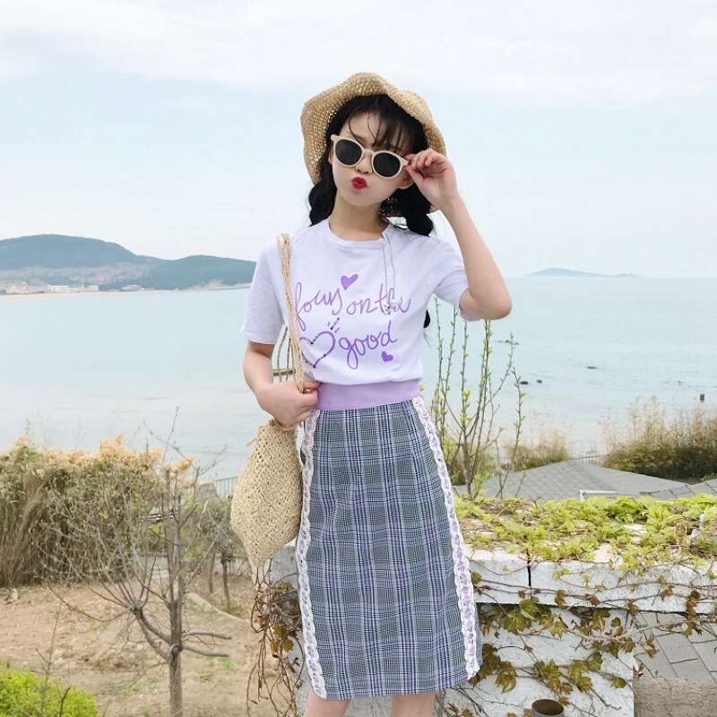 里小姐~韩版时尚休闲套装夏装甜美订珠紫色字母T恤+半身裙白T+格子裙