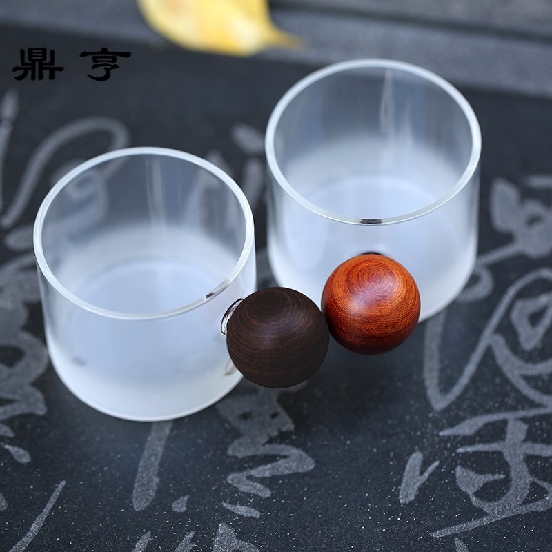 鼎亨手工耐热玻璃杯品茗杯半喷雾磨砂小茶杯圆月杯实木主人杯功夫