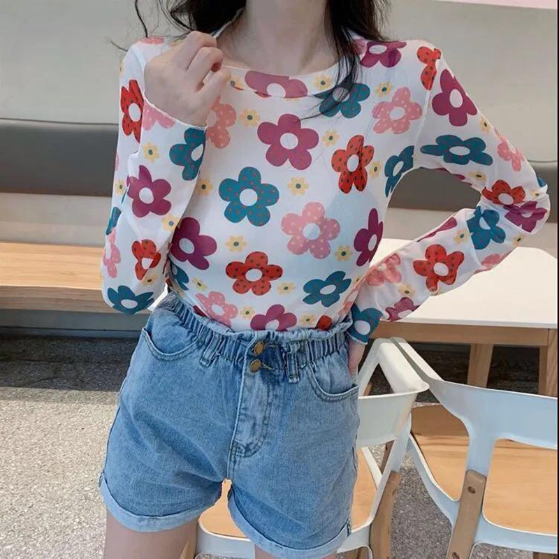 网纱长袖t恤女夏宽松冰丝套头防晒衫打底内搭mschf上衣 莎丞