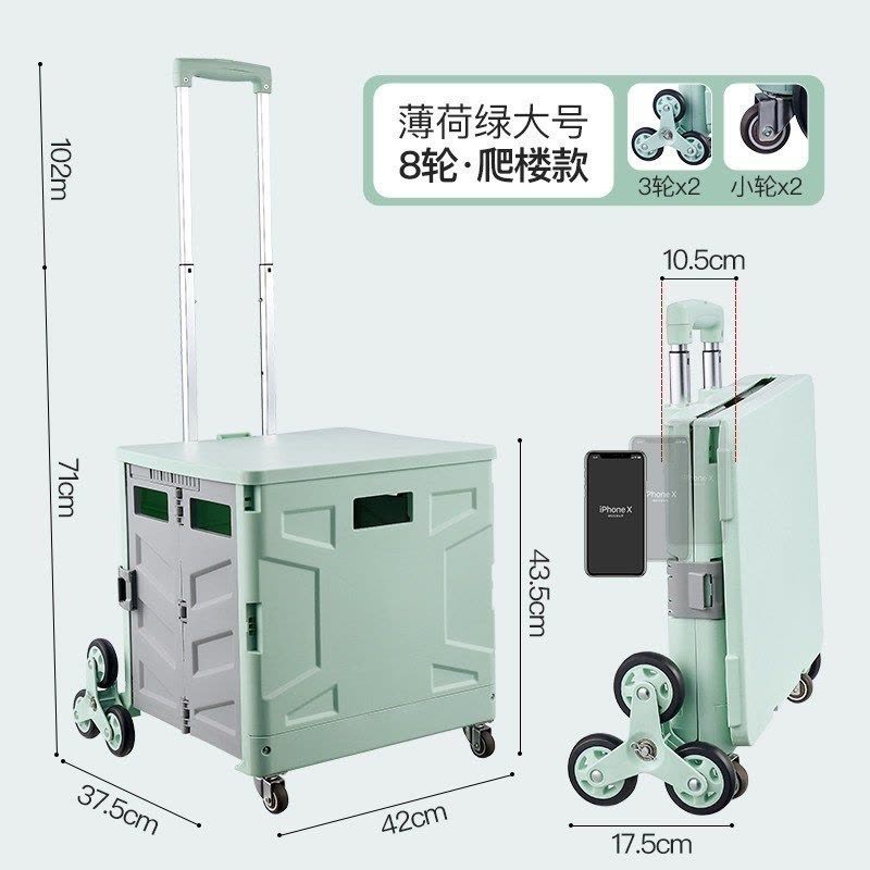 家柏饰(CORATED)买菜车小拉车家用手推车爬楼梯拉杆车野餐超市折叠购物车 薄荷绿[可爬楼大号-8轮]图片