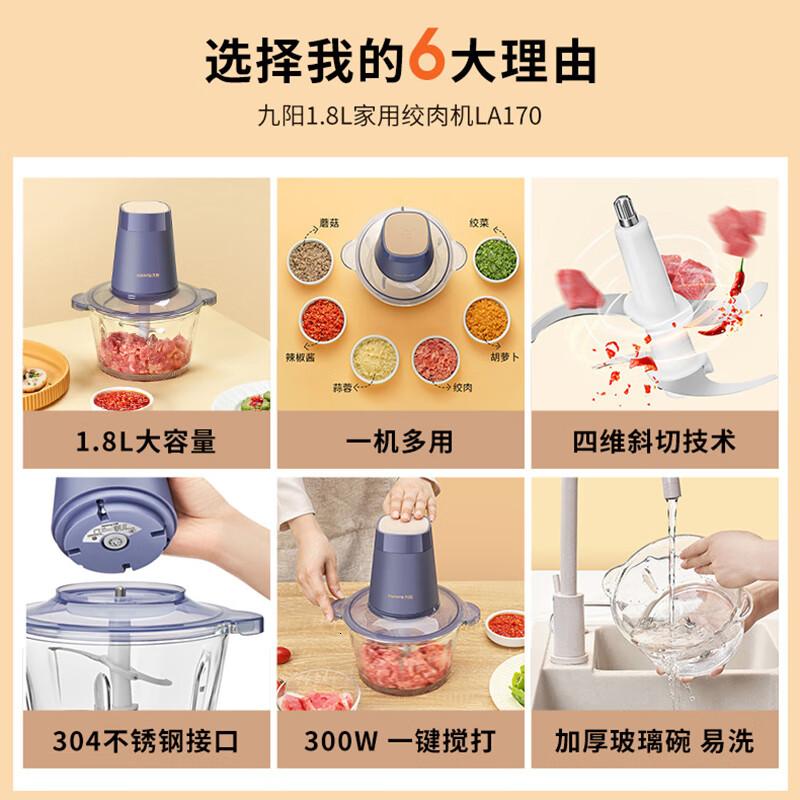 九阳(Joyoung)绞肉机家用1.8L大容量多功玻璃杯内胆电动料理机搅拌切菜绞肉馅饺子馅S18-LA170 蓝色高清大图