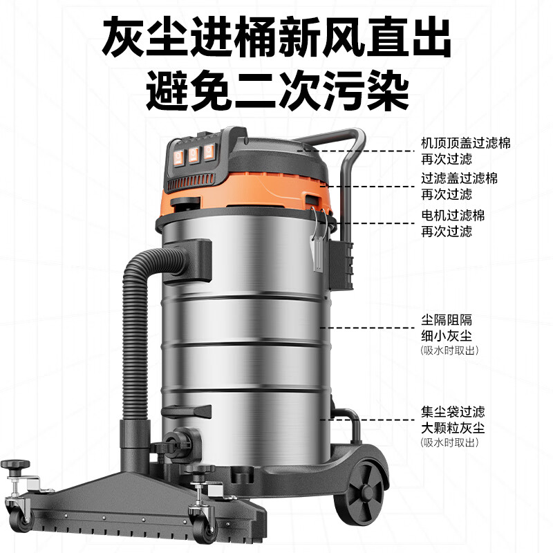 博赫尔(POHIR) 70L-4000W工业仓库吸尘器 粉尘大吸力强力手持吸水吸尘机220V【双电机手持+推吸款】5米管