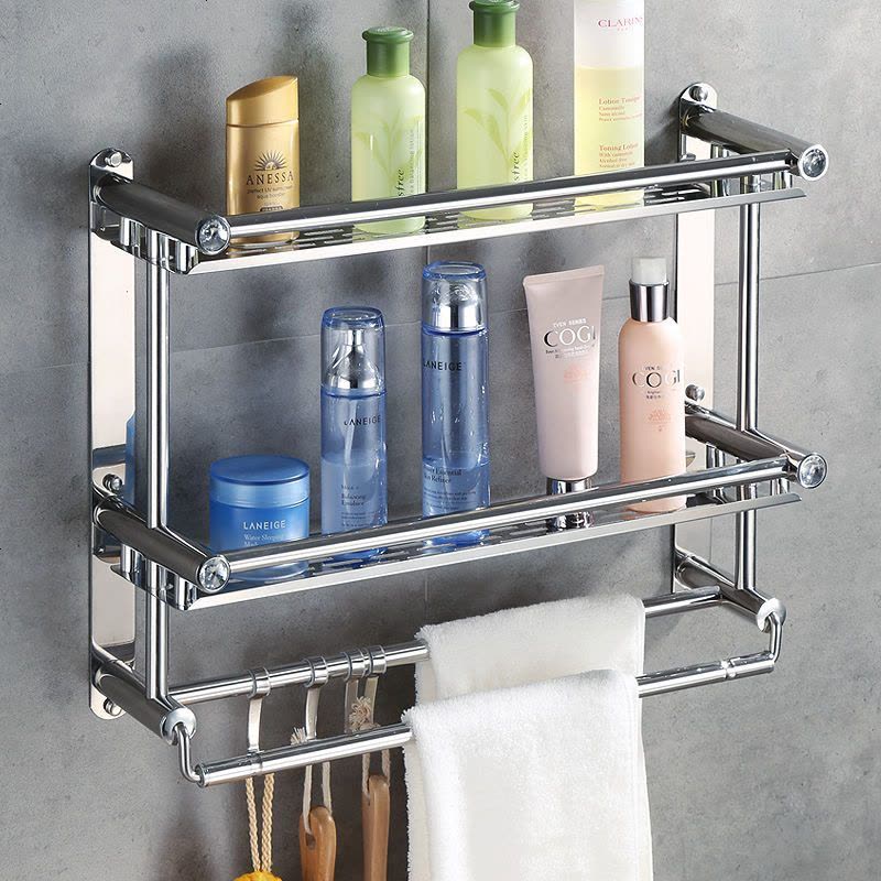 厨房置物架浴室毛巾架免打孔浴巾架不锈钢卫生间收纳架厕所壁挂件 免打孔款 双层80CM豪华置物架图片