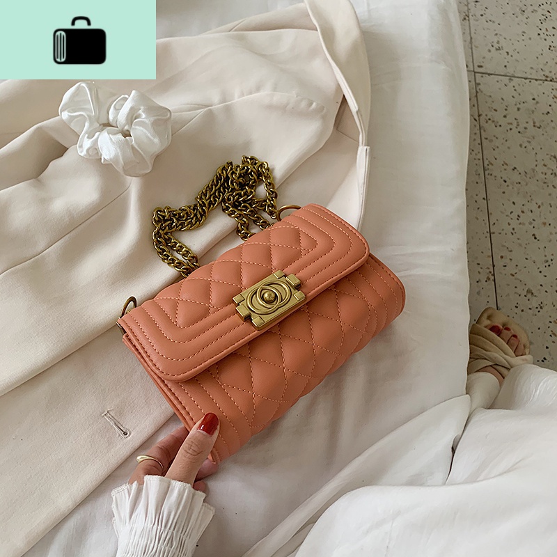 夏天时尚网红小包包2020新款潮菱格链条女包洋气斜挎包百搭小方包NEWLAKE 橘色