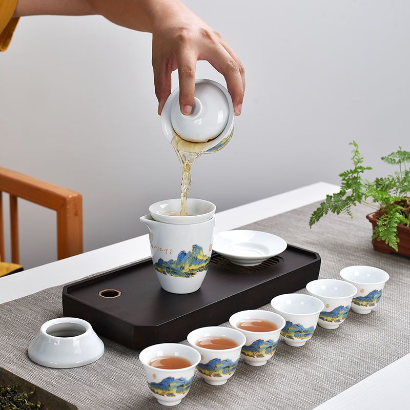 羊脂玉千里江山德化功夫茶具套装整套家用客厅盖碗茶杯办公室送礼 千里江山红色礼盒