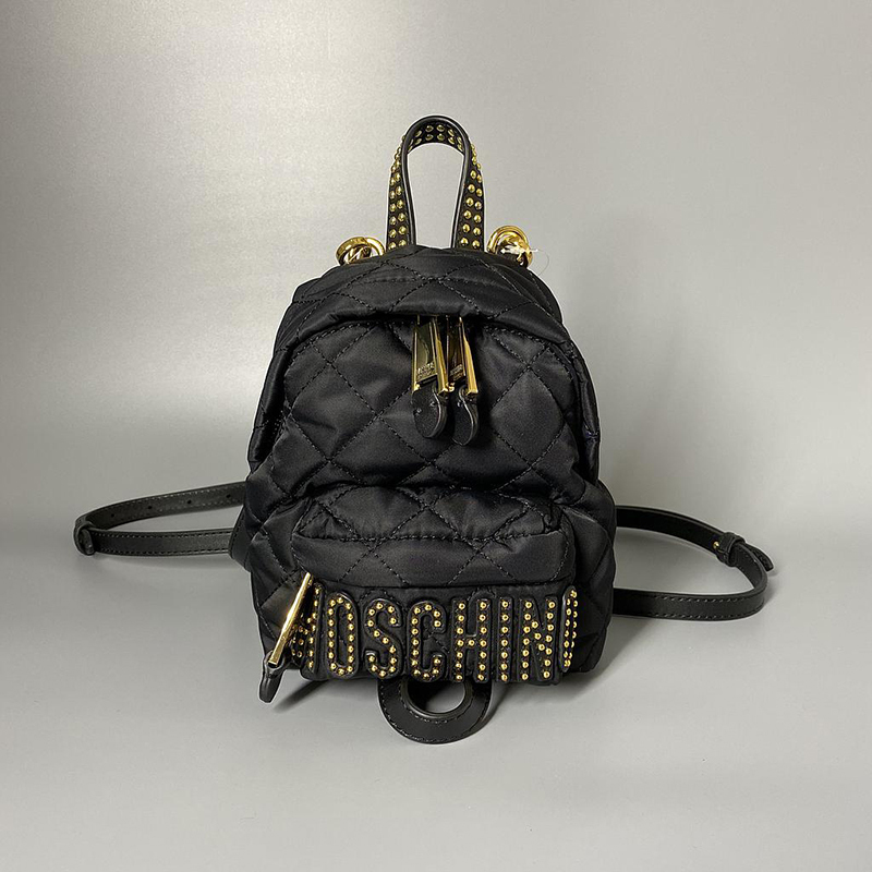 香港直邮moschino莫斯奇诺黑色菱形格字母铆钉尼龙迷你双肩背包女士