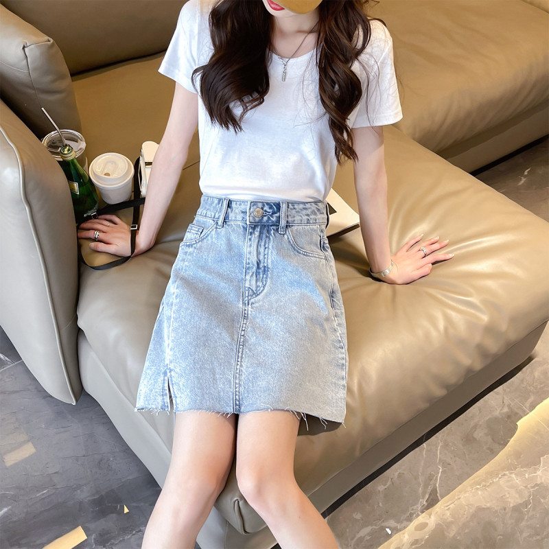 [2.5折价73元]唐狮半身裙女夏季高腰显瘦牛仔裙下摆开叉A字裙时尚气质