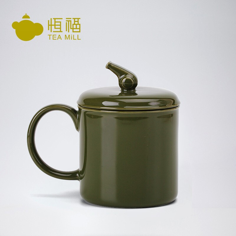 恒福 兵壶自在杯军绿色自带茶隔茶滤居家办公泡茶杯陶瓷整套茶具礼盒 恒福军杯