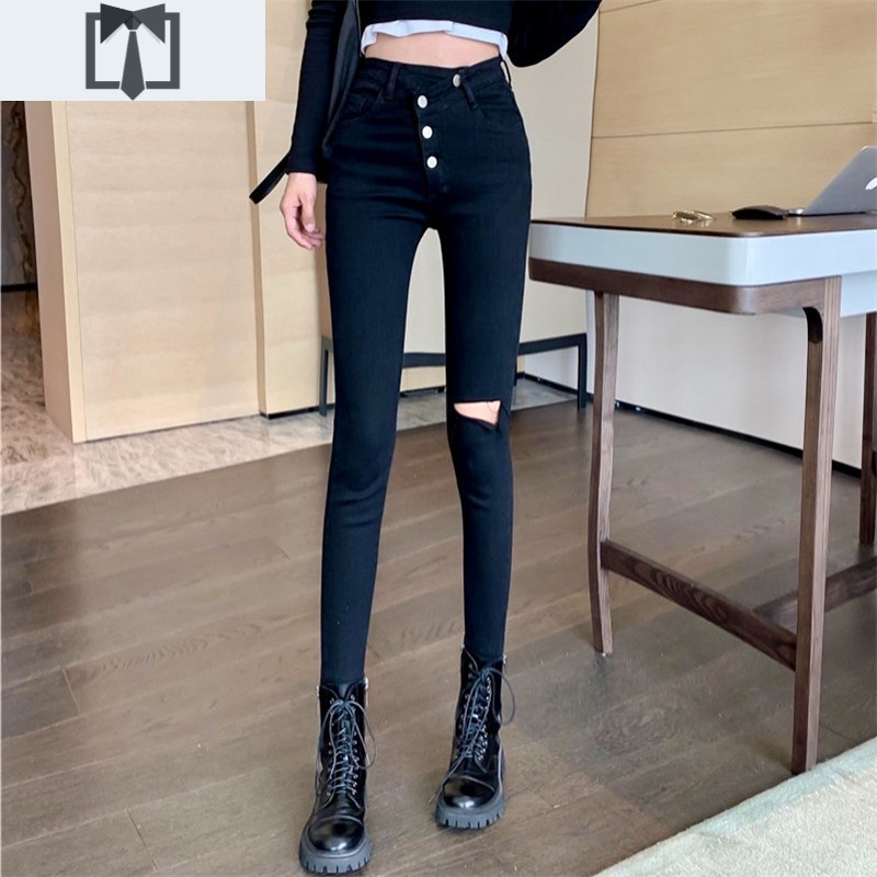 suntek女士牛仔裤 suntek港风性感黑色牛仔裤女春秋高腰显瘦破洞小脚