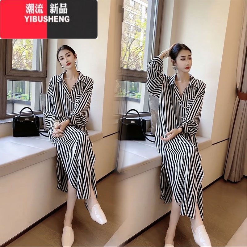 YIBUSHENG2024季女装新款条纹polo领宽松显瘦长袖连衣裙女防晒衬衫纹 M建议95-105斤 条纹连衣裙