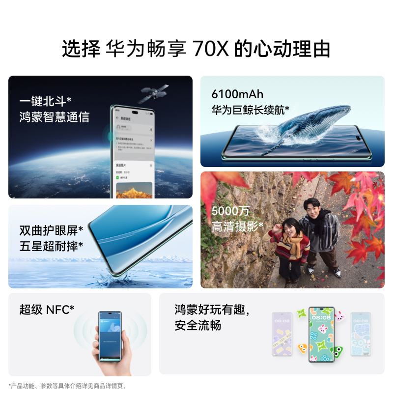 华为 畅享70X 512GB 湖光青 支持卫星消息 5000W高清影像 6100毫安大电池 1.5K 120HZ 双曲护眼屏 40W快充 五星超耐摔 手机高清大图