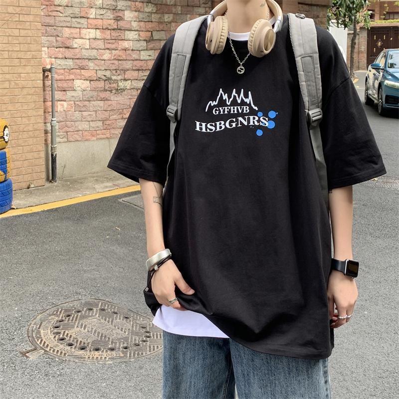 WOOG2005夏季薄款ins潮短袖T恤男宽松港风印花上衣五分袖体恤