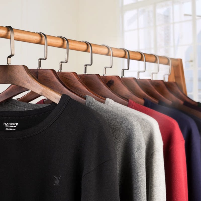 花花公子男士秋衣上衣纯棉宽松圆领长袖薄款全棉纯色打底保暖衣高清大图