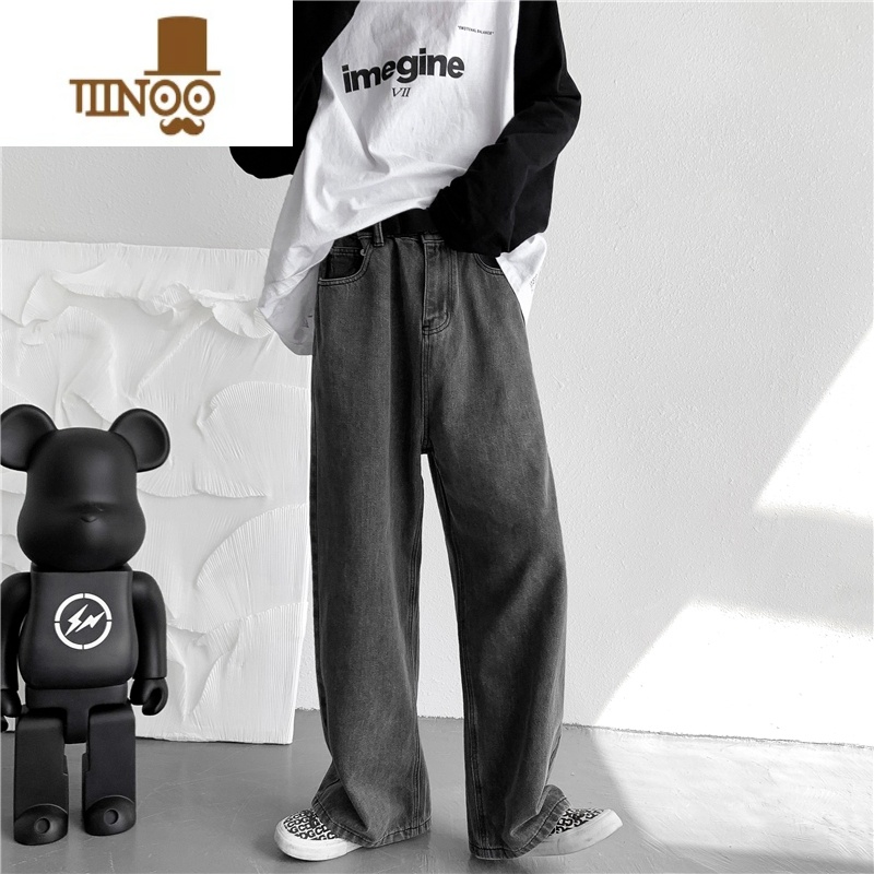 YANXU烟灰色牛仔裤男士直筒宽松坠感阔腿裤ins潮牌美式高街拖裤腿男式高清大图