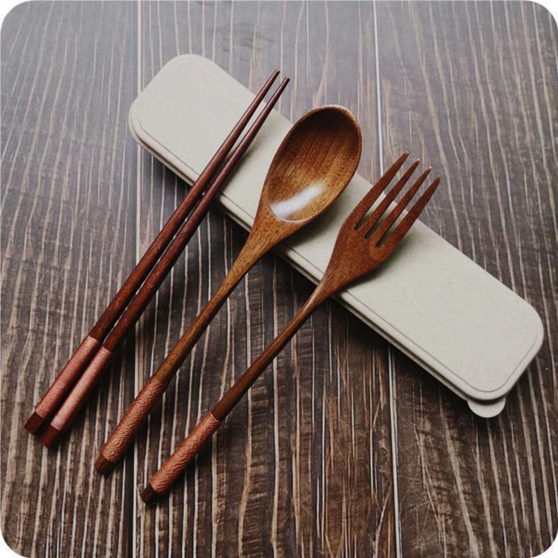 日式木质便携餐具套装筷子勺子叉子三件套学生易携带上班自带餐具黑线
