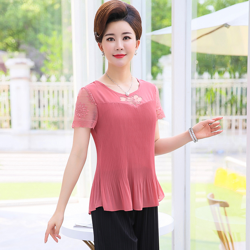 妈妈装夏装套装短袖雪纺衫中年人4050岁中老年女装t恤上衣两件套