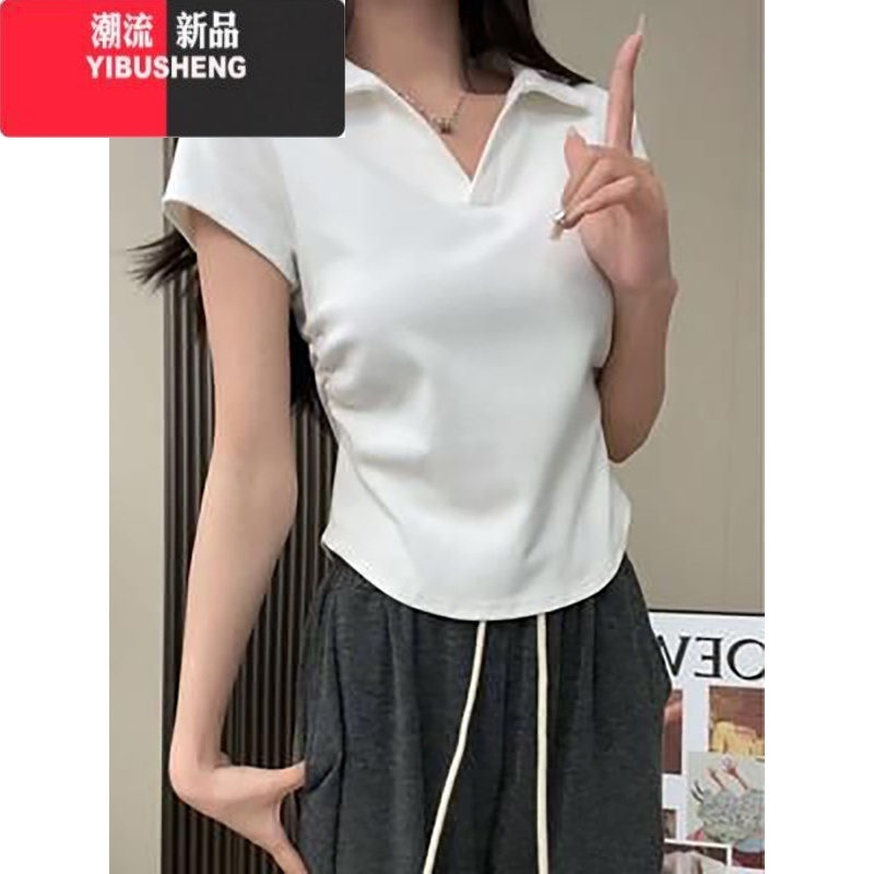 YIBUSHENG大码灰色POLO领短袖T恤女季胖mm显瘦不规则翻领体恤V领上衣