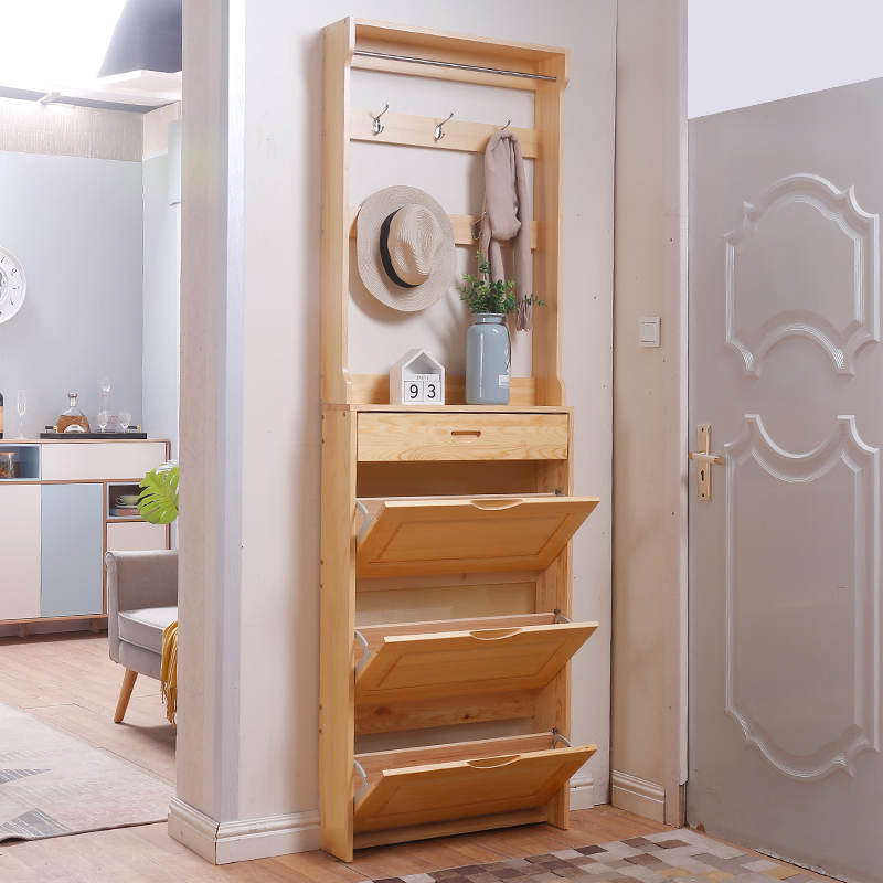 寻木匠实木翻斗鞋柜带衣架家用进玄关柜客厅多功能简约超薄松木厅柜