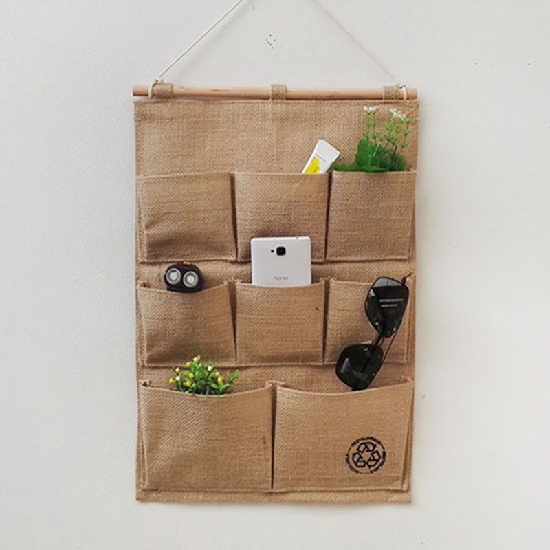 宿舍收纳袋黄麻挂袋墙挂式床头袜子杂物袋寝室挂置物袋壁挂储物袋蓝塔