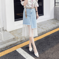 2018夏季新款韩版网纱拼接牛仔半身裙女百搭学生高腰中长款裙子浅蓝色