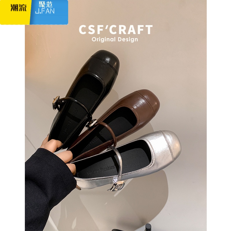 聚范皮版~银色玛丽珍鞋女2024夏季新款清冷百搭浅口平底单鞋配裙子高清大图