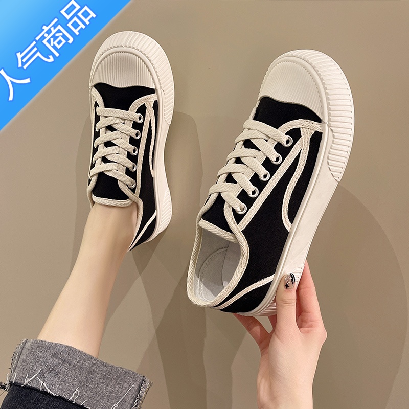 SUNTEK网红厚底帆布鞋女鞋子2023新款春夏百搭小香风休闲运动板鞋小白鞋高清大图