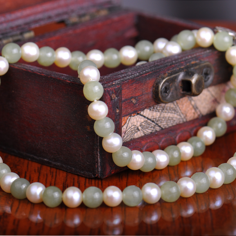 梦克拉mkela925银和田玉珍珠项链韵味和田玉碧玉珍珠链玉石银近圆淡水