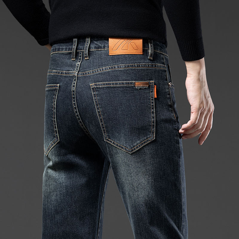 品质热力绒保暖男士牛仔裤加绒加厚弹力修身一体绒中年商务休闲裤高清大图