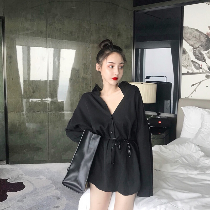 2018秋装新款小心机中长款开衫港风宽松上衣防晒衬衫女送腰带白色送腰带均码
