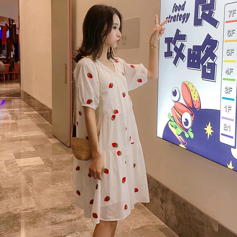 迪鲁奥(DILUAO)孕妇装夏装外出2021新款V领显瘦孕妇连衣裙中长款时尚潮妈孕妇裙子夏季宽松透气 白色图片