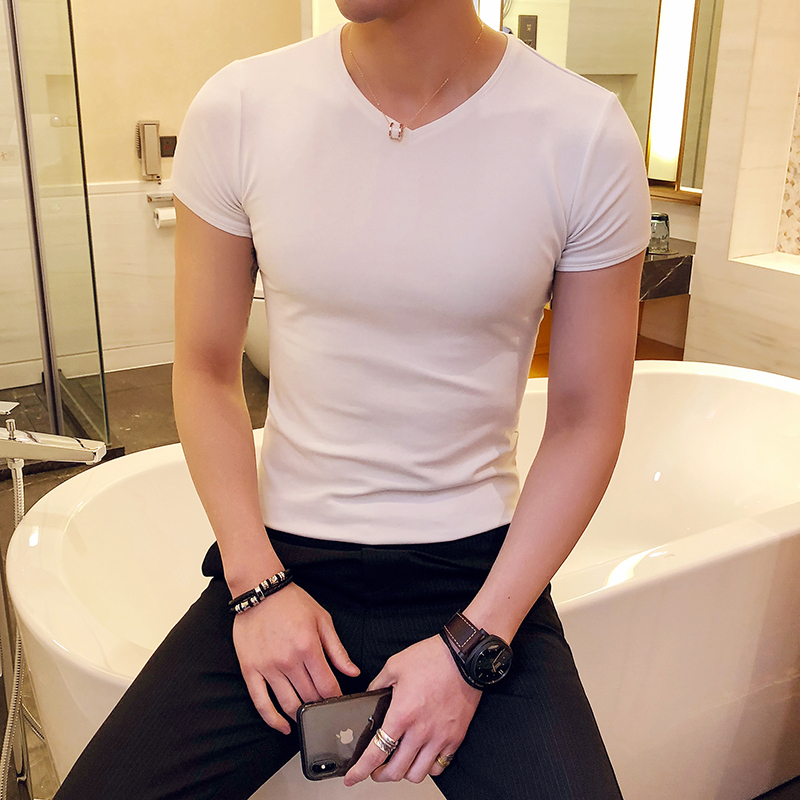 2018夏款短袖棉t恤男士韩版修身v领纯色打底衫硬汉型男运动休闲衣
