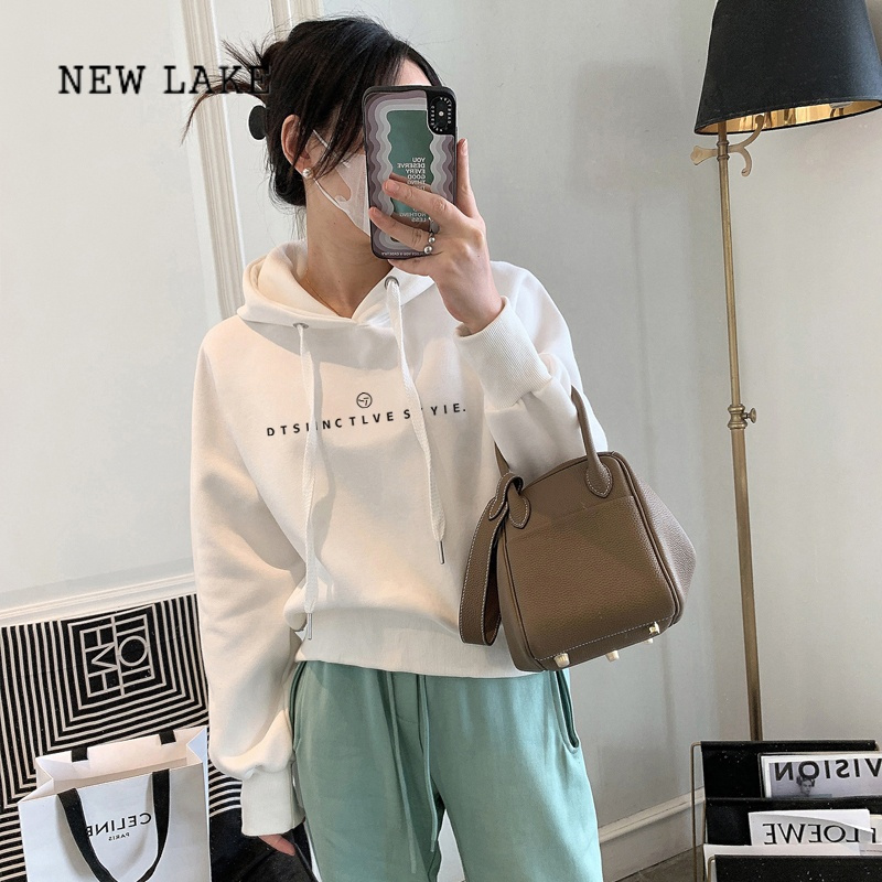 NEW LAKE设计感小众新款2024加绒加厚套头连帽红色卫衣女短款宽松韩版