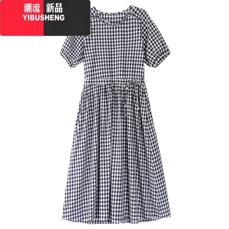 YIBUSHENG复古季新款格子连衣裙女大码短袖减龄文艺格子裙抽绳收腰中长裙高清大图