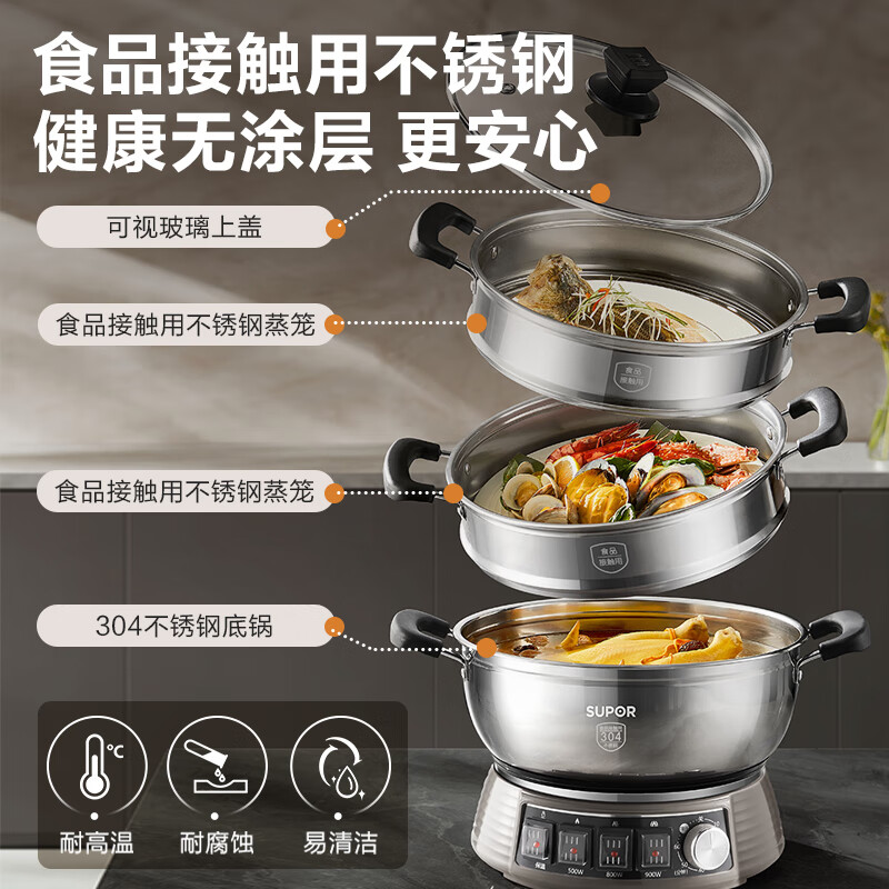 苏泊尔(SUPOR)电蒸锅21L家用大容量多功能电火锅蒸炒煮一体蒸锅2200W全钢蒸笼0涂层电炒锅ZN32YK16高清大图