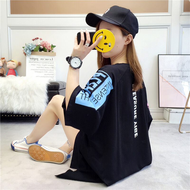 短袖T恤女2018夏装新款韩版宽松百搭印花中长款打底衫上衣服女潮