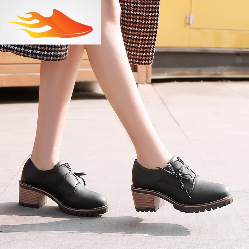 fishbasket小皮鞋百搭女款41学院风女春鞋42大码女鞋43圆头粗高跟系带