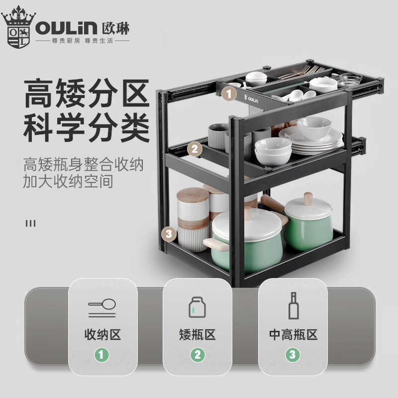 欧琳调味拉篮109CH（零售云）抽屉式三层厨房调料收纳篮分层抽拉抽中抽阻尼导轨高清大图