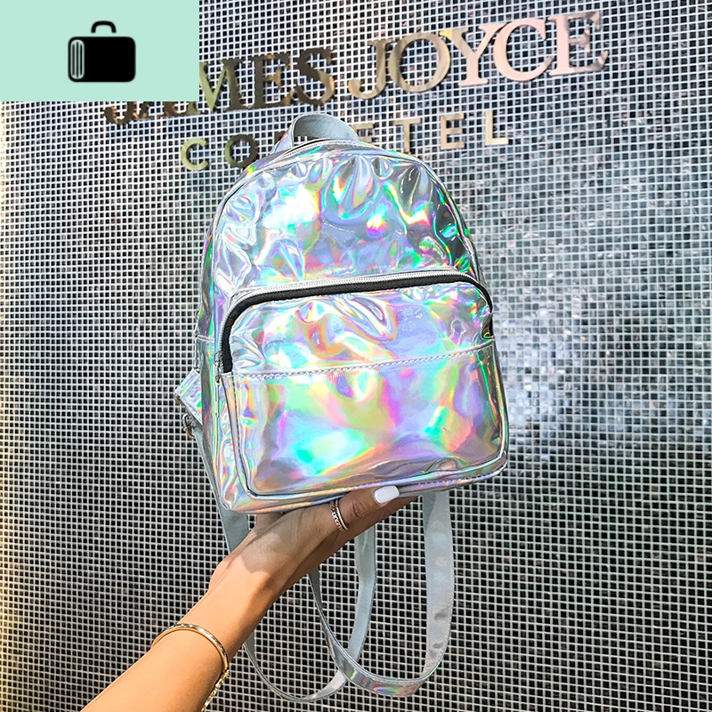 2020新款七彩镭射书包女韩版原宿个性背包校园学生简约字母双肩包NEW LAKE高清大图
