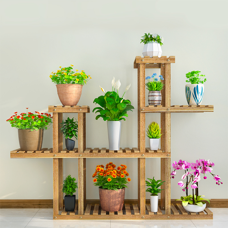 工匠时光加固实木室内阳台绿萝多肉多层植物花盆架花架子碳化防倾斜