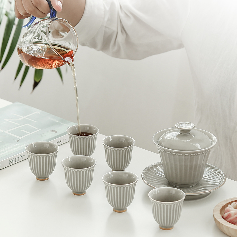 常生源 茶具套装功夫茶具礼盒装描金办公家用陶瓷盖碗公杯茶杯整套 云庭套组
