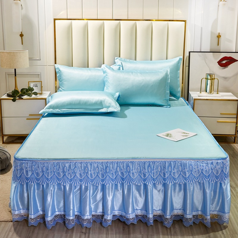 美帮汇床裙款冰丝凉席三件套夏季1.8m可水洗机洗折叠空调席1.5米2软席子 青柠之恋-清新绿 1.5m（5英尺）床