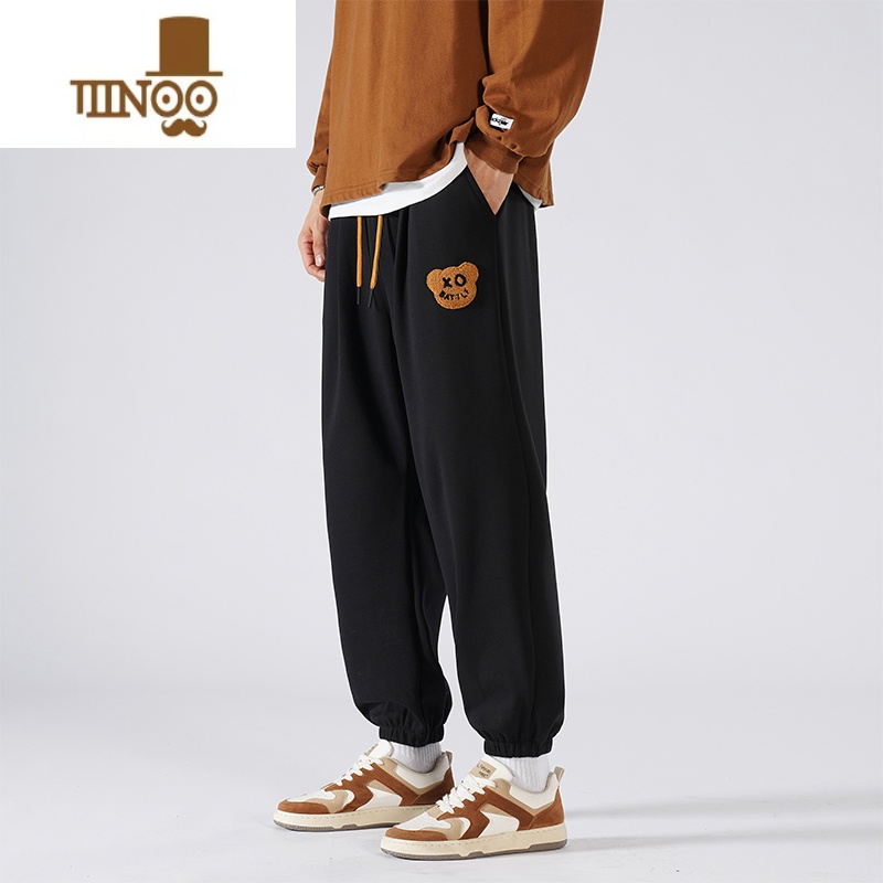 YANXU小熊运动裤子男ins薄款卫裤潮牌宽松刺绣大码束脚休闲长X高清大图