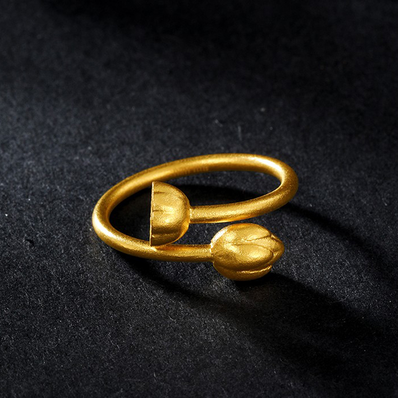 gzuan古钻珠宝古法两世欢女款黄金足金莲蓬女戒指活口可调节hjj0014