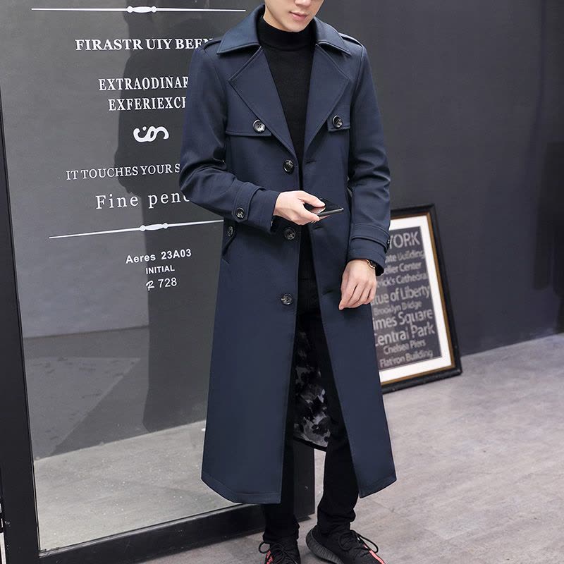 YUANSU外套男青少年学生长款过膝风衣潮流连帽大衣春秋超长款夹克男韩版风衣图片