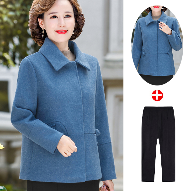 恒源祥中年妈妈秋装羊毛呢外套2024新短款中老年女春秋双面呢上衣 4XL建议140-155斤 蓝色+裤子
